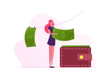 Yıkama ve Kurutma Para Konsepti. Kadın, Çamaşır ve Kuru İp 'ten sonra Cüzdan' a Dolar Banknotları Koymuş. Offshore 'da yasadışı ceza süreci, yolsuzluk şeması. Çizgi film Düz Vektör İllüstrasyonu