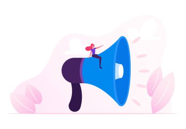 Halkla İlişkiler ve İlişkiler kavramı. İletişim Ajansı Pazarlama Kadını Dev Megafonun Üzerinde Oturuyor. Uyarı Reklamcılığı, Propaganda Konuşması, Sosyal Medya Tanıtımı. Çizgi film Düz Vektör İllüstrasyonu