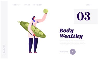 Sağlıklı Gıda Endüstrisi İniş Sayfası. Taze taze bezelyeleri teftiş eden kadın Canning Fabrikası 'nda teneke kutuya koymadan önce. Vejetaryen Prodüksiyon Santrali Web Sayfası Afişi. Çizgi film Düz Vektör İllüstrasyonu