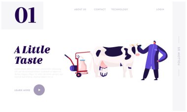 Süt Mandırası Tarım Ürünleri Web Sitesi İniş Sayfası. Üniformalı Adam Süt Makinesiyle İnek 'in yanında dur. Çiftlik İşçisi Hayvan Çiftliği Web sitesinde Çizgi Film Düz Vektör İllüstrasyonu