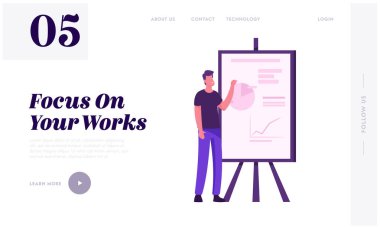 Business Project Sunum Sitesi İniş Sayfası. Finansal Pie Grafik Veri Analizi İstatistikleri ile Flip Board 'u işaret eden adam. Kurumsal Eğitim Web Sayfası Afişi. Çizgi film Düz Vektör İllüstrasyonu