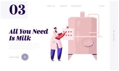 Milk Factory Prodüksiyon Web Sitesi İniş Sayfası. Endüstriyel İşçi Makineleri Teknolojisi, Üretim, Endüstri. Pastörizasyon Tankı Web Sayfası Afişi yakınında bir teknoloji uzmanı. Çizgi film Düz Vektör İllüstrasyonu