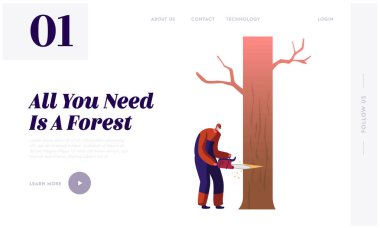 Oduncu İş Sitesi İniş Sayfası. Oduncu Erkek Testere Ağacı. Elektrikli testere ile. Forest Web Sayfasında Ekipman ve Alet İşçisi Çalışıyor. Çizgi film Düz Vektör İllüstrasyonu