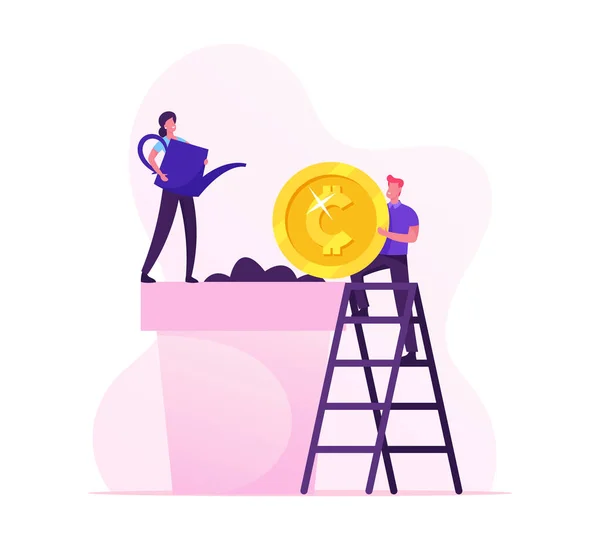 Investment and Banking Income Concept. Business Man Put Huge Golden Coin in Soil, Woman Watering Plant in Pot. Characters Planting Money Tree for Growing Profit Wealth Cartoon Flat Vector Illustration — Stock Vector