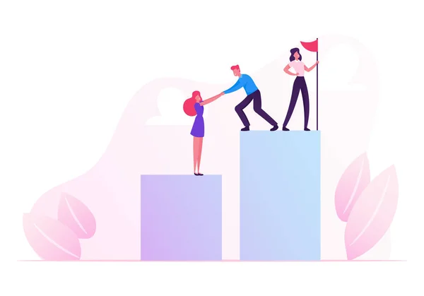 La gente di affari che arrampica sul grafico finanziario e sulle scale del grafico installa la bandiera sulla parte superiore. Scala di carriera con personaggi. Lavoro di squadra, Challenge Partnership e Leadership Concept Cartoon Flat Vector Illustrazione — Vettoriale Stock