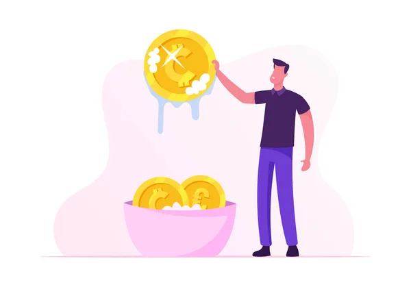 Laundering of Dirty Money Concept. Businessman or Manager Washing Golden Coins in Basin Full of Soap Foam. Dishonest Fraudulent Scheme of Financial Crime, Tax Evasion. Cartoon Flat Vector Illustration — Stock Vector