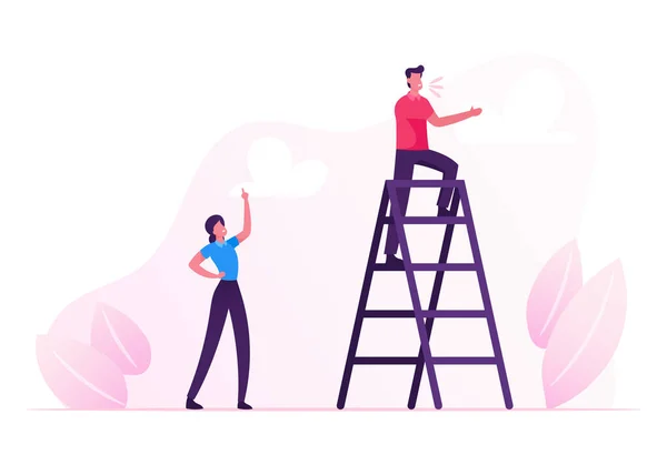 Young Man Stand on Ladder and Yelling, Woman Standing Downstairs with Index Finger Rising Up Managing Process (em inglês). Social Media Promoção, Empresários Ligue para os Clientes. Desenhos animados ilustração vetorial plana —  Vetores de Stock