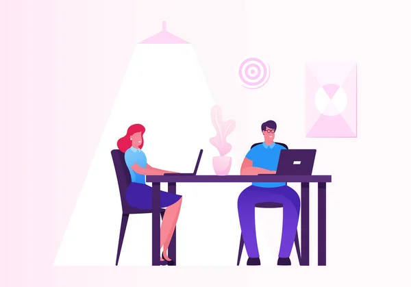 Business Woman and Man Working on Personal Computer in Creative Office Workplace. Hardwork Male Female Characters Corporate Company Workers Sitting at Desk Work on Pc. Cartoon Flat Vector Illustration