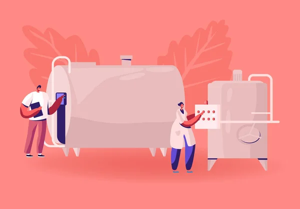 Fabricação, Indústria e Produção de Alimentos Laticínios. Tecnólogos de Homem e Mulher ligam tanques para pasteurização de leite na fábrica. Industrial Worker Machinery Technology Cartoon Flat Vector Ilustração —  Vetores de Stock