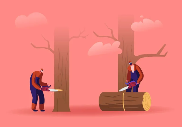 Två män Loggers Såga loggar och träd i skogen. Träindustriarbetare med såg i händerna som arbetar. Skogshuggare Skär Timberwood, Trähuggare Yrke, Yrke Jobb. Tecknad platta vektor Illustration — Stock vektor