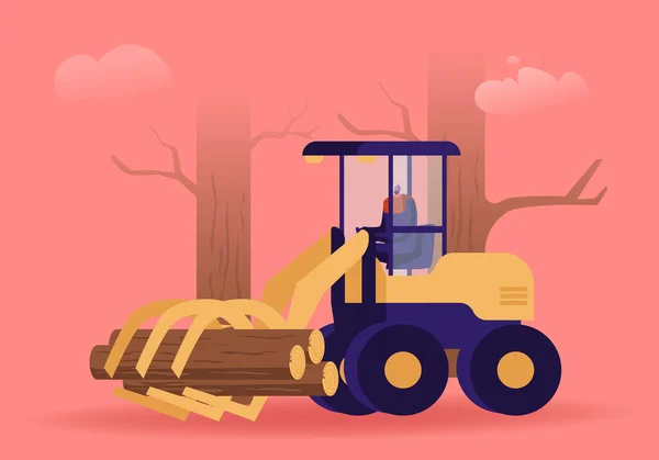 Ocupación de la industria de madera cortada. Máquina segadora de troncos de madera que trabaja en el área forestal para la tala, corte y clasificación de madera. Árbol de camión leñador en el bosque. Dibujos animados plana Vector Ilustración — Archivo Imágenes Vectoriales