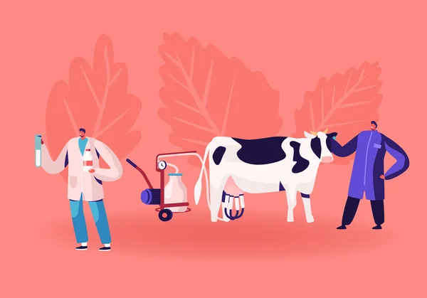 Süt Üretimi Üretimi. İnek İçin Süt Sağma Makinesi Kullanan Çiftçi, Teknoloji Uzmanı Süt Kalitesini Matarada Test Ediyor. Farmers Prodüksiyon Kimyasal Fabrika İncelemesi. Çizgi film Düz Vektör İllüstrasyonu — Stok Vektör