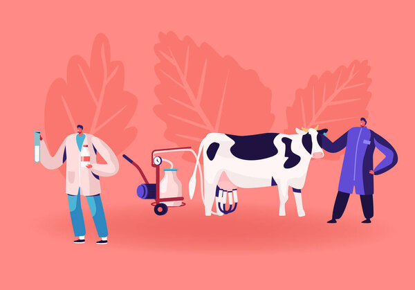 Dairy Production Manufacture. Farmer Using Milking Machine for Cow, Technologist Testing Milk Quality in Flask. Farmers Production Chemical Examination on Factory. Cartoon Flat Vector Illustration