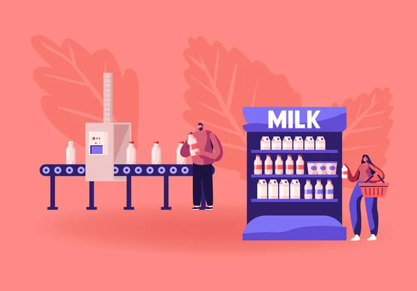 Βιομηχανική διαδικασία αυτοματισμού. Man Take Milk Μπουκάλι από το εργοστάσιο Ζώνη Μεταφορέα. Παραγωγή στη γραμμή μεταφοράς. Γυναίκα Πελάτης Πάρτε Γαλακτοκομικά προϊόντα σε Supermarket Ράφι. Εικονογράφηση επίπεδου διανύσματος κινουμένων σχεδίων — Διανυσματικό Αρχείο