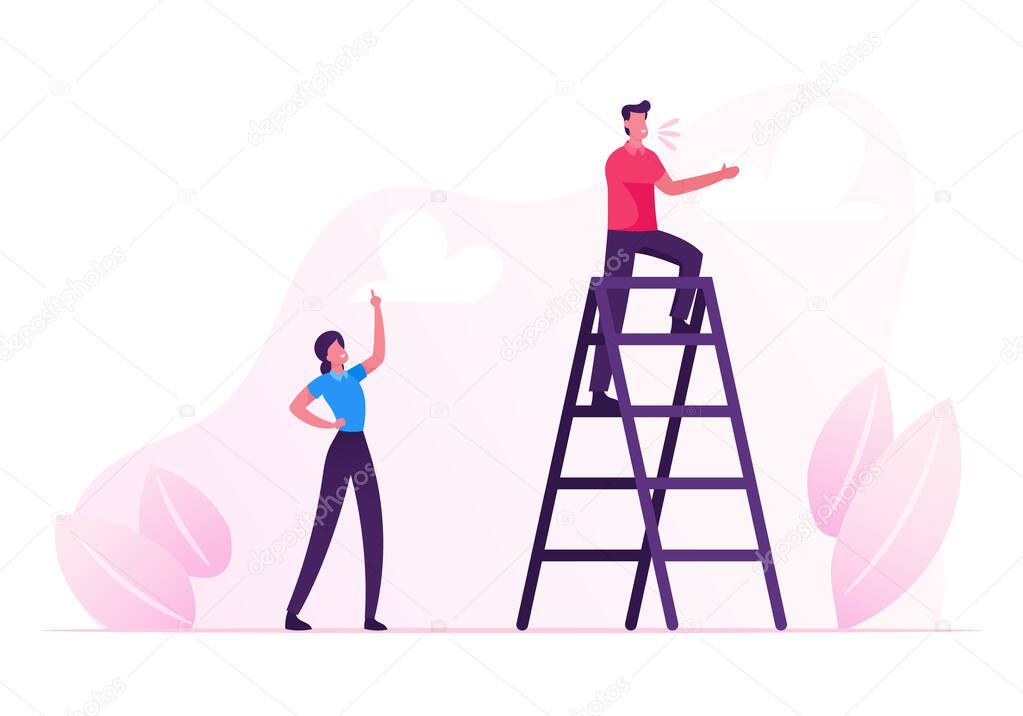 Young Man Stand on Ladder and Yelling, Woman Standing Downstairs with Index Finger Rising Up Managing Process. Social Media Promotion, Businesspeople Call Customers. Cartoon Flat Vector Illustration