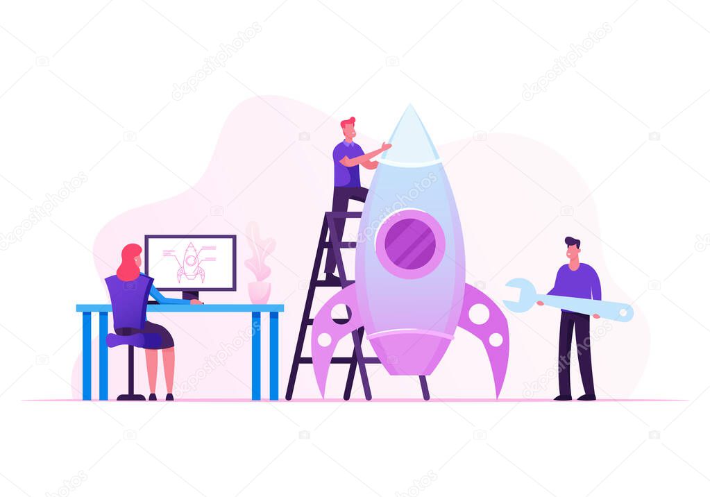 Creative Team Rocket Launch, Businesspeople Set Up Shuttle Using Project Sketch on Pc. Launching Business Startup. Financial Idea Successful Strategy Realization. Cartoon Flat Vector Illustration