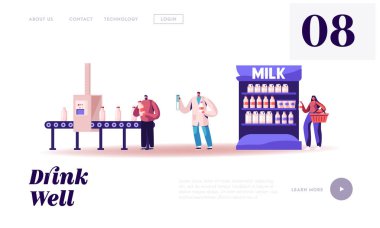 Süt Üretimi Web Sitesi İniş Sayfası. Taşıyıcının Sahne Süreci, Süt Ürünleri Endüstriyel Yönetim. Flasks 'te Kadın İçki Sınavı Kalitesi, Satış Web Sayfası Afişi. Çizgi film Düz Vektör İllüstrasyonu