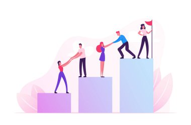 Business Team Climbing Up Column Chart with Leader Stand with Hoisted Red Flag on Top. Businessmen Pull Teammates Businesswomen to Peak Teamwork and Leadership Concept Cartoon Flat Vector Illustration clipart