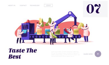 Canning Fabrikası Çalışma Süreci Web Sitesi İniş Sayfası. Konserve sebze üretimi. İşçiler Taze sebzeler ve Taze Yeşillikleri Taşıyıcı Kuşak Web Sayfası Afişi 'ne koydular. Çizgi film Düz Vektör İllüstrasyonu