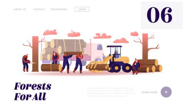 Kereste İşçileri İş Sitesi İniş Sayfası. Kamyon ve Ekipman Oduncuları Ormanda Çalışıyor. Tahta testereli oduncular Ağaç Kesen Kütükler Web Sayfası Afişi. Çizgi film Düz Vektör İllüstrasyonu