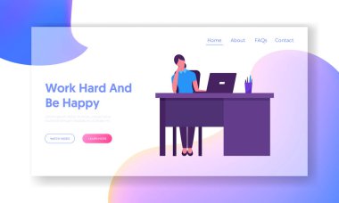 Çalışkan Şirket İşçi Web Sitesi İniş Sayfası. Business Woman Ofis Çalışma Masasında Kişisel Bilgisayar Üzerinde Çalışıyor veya Çalışma Alanı Web Sayfası Afişi. Çizgi film Düz Vektör İllüstrasyonu