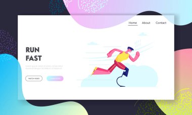 Etkisiz Atletizm Çalışması Web Sitesi İniş Sayfası. Biyonik Bacak Protezi İyileşme Egzersizi Sporcusu. Genç Ampüte Adam Açık Hava Web Sayfası Afişi. Çizgi film Düz Vektör İllüstrasyonu