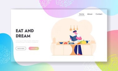 Ev Sitesi İniş Sayfasında Erkek Aşçılığı. Mutlu Erkek Karakteri Yemek Tarifi Yemek Kitabı Hazırlama Yemekleri Randevu ya da Hafta sonu Yemeği Web Sayfası Çizgi Roman Düz Vektör İllüstrasyonu