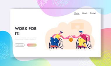 Paralimpik Sporcuları Eğitim Sitesi İniş Sayfası. Engelli Erkekler Tekerlekli Sandalyede Oturarak Basketbol Oynuyor, Özürlü Karakterler Web Sayfası Afişi. Çizgi film Düz Vektör İllüstrasyonu