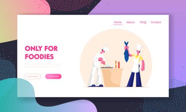 Restoran Personeli Karakterleri Web Sitesi İniş Sayfası İçin Doğal Gıda Hazırlayın. Şef Önlükleri 'nde Erkek ve Kadın ve Toques Mutfak Web Sayfasında Balık Pişiriyor. Çizgi film Düz Vektör İllüstrasyonu