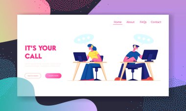 Teknik Destek, Çağrı Merkezi Web Sitesi İniş Sayfası. Kulaklıklı Müşteri Hizmetleri Bilgisayarlarla uğraşıyor. Uzmanlar Müşterilerin Sorunlarını Çevrimiçi İnternet Sayfasında Çözüyor. Çizgi film Düz Vektör İllüstrasyonu