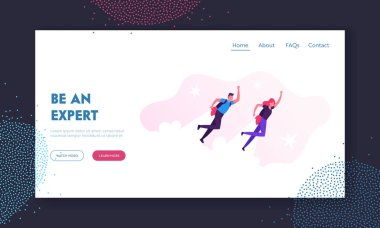 Kariyer Artırıcı, Web sitesi İniş Sayfası Başlat. İş adamı ve kadın sırt roketleriyle uçuyor. Ofis çalışanları Roketle Yükseliyor Yerden Kalkın Web Sayfası Afişini Kaldırın. Çizgi film Düz Vektör İllüstrasyonu
