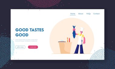 Deniz ürünleri yemek pişirme web sitesi iniş sayfası. Beyaz Toque ve Önlüklü Genç Kadın Restoran Mutfağında Büyük Balık Tutuyor. Foodies web sayfası afişi için menü. Çizgi film Düz Vektör İllüstrasyonu