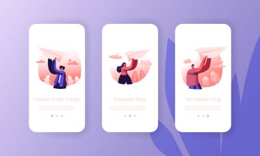 Origami Hobisi ya da Yeni İş Başlatma Mobil Uygulama Sayfası Ekran Ayarları Başlatılıyor. Elinde Paper Airplane olan insanlar. Web sitesi ya da Web Sayfası için Uçan Düzlemler Konsepti, Çizgi Film Düz Vektör İllüstrasyonu