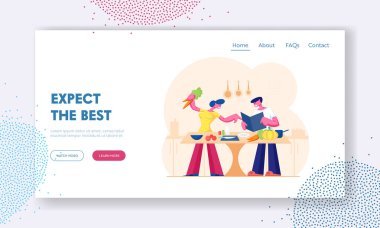 Mutfak Sitesi İniş Sayfasında Birlikte Yemek Yapan Genç Aşk Çifti. Masadaki Taze Ürünlerle Aile Yemeği Hazırla. Aşk, Romantik Akşam Yemeği Web Sayfası Afişi. Çizgi film Düz Vektör İllüstrasyonu