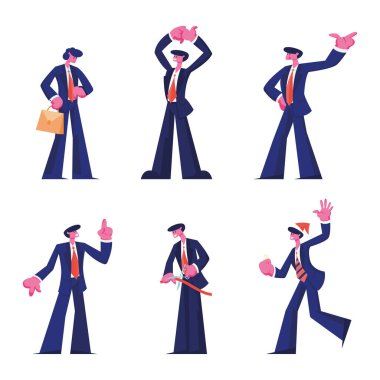 İşadamı İşgali Seti. Kendine güvenen iş adamı farklı pozisyonlarda giyiniyor el sallıyor, törende kurdele kesiyor, Noel 'i kutluyor, konuşuyor. Çizgi film Düz Vektör İllüstrasyonu