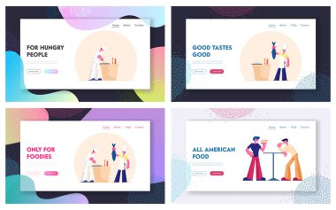 Restoranda Aşçı Balık Pişiriyor. İnsanlar Fast food Web Sitesi İniş Sayfası Seti Yiyor. Sağlıklı ve Sağlıksız Yemek, Deniz Ürünleri ve Sokak Yemekleri İnternet Sayfası Afişi. Çizgi film Düz Vektör İllüstrasyonu