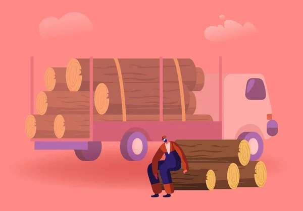 Dřevorubec s přestávkou sedí na dřevěné klády hromada v lese v blízkosti nákladního automobilu pro přepravu stromů. Těžba dřeva, lesní těžba dřeva, odlesňovací proces. Cartoon Flat Vector Illustration — Stockový vektor