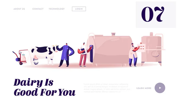 Milk Production Manufacturing, Farm Industry Website Landing Page. Milking and Beverage Pasteurization Process. Quality Products Industrial Management Web Page Banner. Cartoon Flat Vector Illustration — Stock Vector
