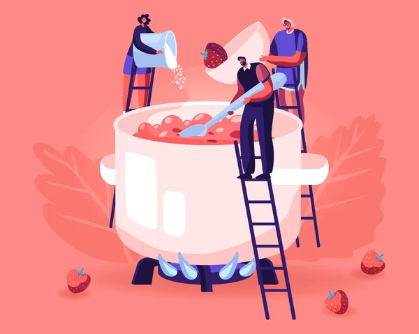 Mensen die zelfgemaakte aardbeienjam of marmelade maken. Kleine mannelijke en vrouwelijke personages staan op Ladders bij Enorme Pan zetten suiker en verse rijpe bessen aan het koken water. Cartoon Flat Vector Illustratie — Stockvector