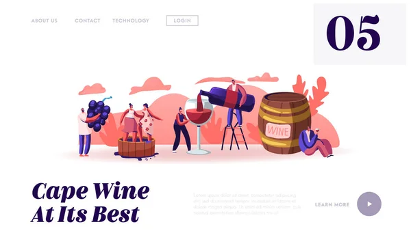 Wine Producing and Drinking Website Landing Page. Man with Bottle Pouring Alcohol Drink to Glass Characters Grow Grapes Produce Natural Vine Production Web Page Banner Cartoon Flat Vector Illustration — Stock Vector