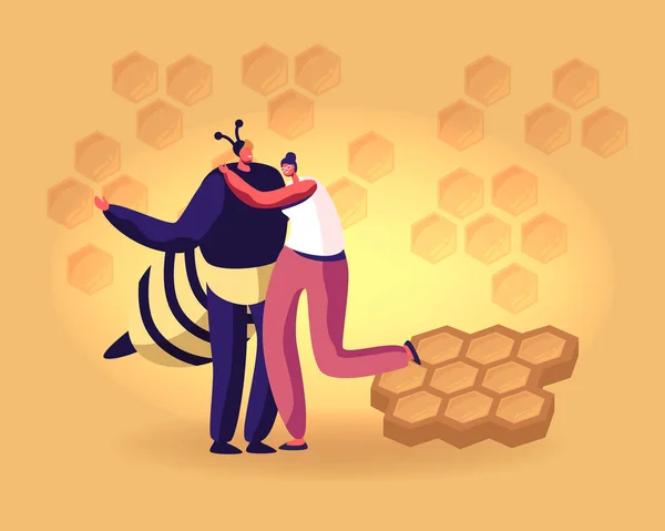 Mulher jovem abraçando homem em traje de abelha em fundo amarelo com padrão de favos de mel. Cuidados com Apis, Apicultura e Conceito da Indústria Apiária. Alimentos Orgânicos Produzindo Cartoon Flat Vector Ilustração — Vetor de Stock
