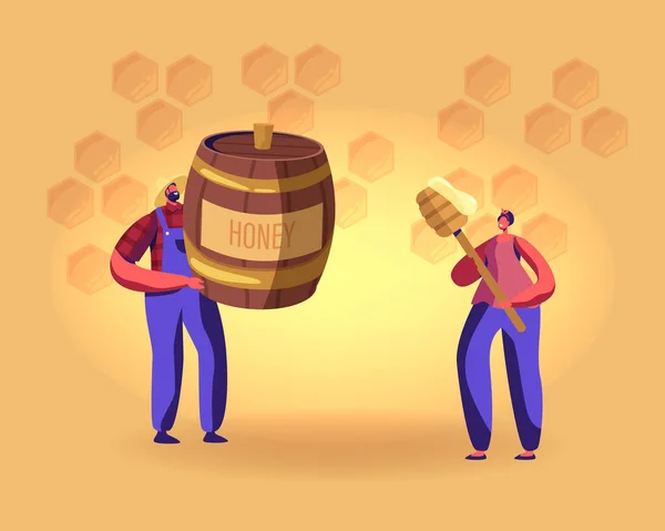 Οργανικό φυσικό γλυκό φαγητό. Beekeeper Character Holding Τεράστιο βαρέλι με μέλι. Αγρότης Εκχύλισμα Μέλισσες παραγωγής προς πώληση. Χαμογελαστή γυναίκα που κρατάει μια τεράστια μελένια Άρκτο. Εικονογράφηση επίπεδου διανύσματος κινουμένων σχεδίων — Διανυσματικό Αρχείο