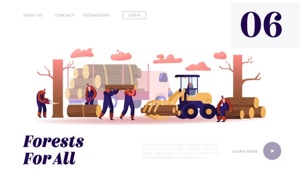 Lumber Workers Pagina di destinazione del sito web di lavoro. boscaioli che lavorano con camion e attrezzature di registrazione nella foresta. Tagliaboschi con motosega Taglio tronchi di legno Web Page Banner. Illustrazione del vettore piatto del fumetto — Vettoriale Stock