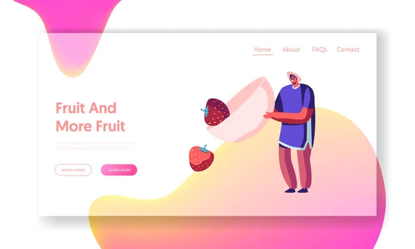 People Eat Berries, preparing Fruit Jam на сайті Landing Page Young Positive Man Pour Ripe Strawberries Out of Huge Bowl for Eating or Cooking Web Page Banner Cartoon Flat Vector Illustration — стоковий вектор