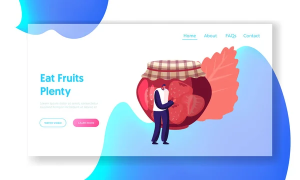 Офіційний сайт компанії Strawberry Jam Landing Page Young Tiny Man Standing at Huge Glass Jar with Fruit Marmalade and Burlap on Lid. Sweet Canning Dessert Food Web Page Banner Cartoon Flat Vector Illustration — стоковий вектор