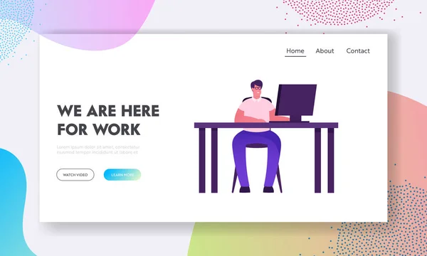 Página de destino del sitio web de empleados externos o de oficina de trabajo remoto. Hombre Artista Diseñador Web Programador Sentado en el Escritorio Trabajando con Computadora Página Web de Trabajo Online Banner. Dibujos animados plana Vector Ilustración — Archivo Imágenes Vectoriales