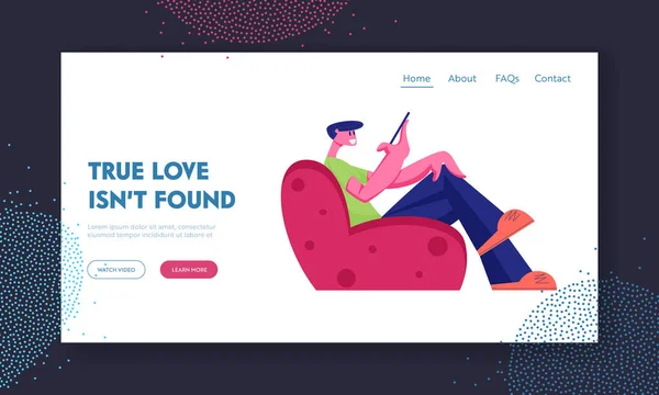 Love and Relations in Internet Website Landing Page. Jeune homme assis sur un fauteuil Communiquer avec fille dans les réseaux sociaux ou Sortir ensemble Site Web Bannière. Illustration vectorielle plate de bande dessinée — Image vectorielle