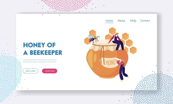 Beekeeping Industry Website Landing Page. Tiny Male and Female Beekeepers Characters in Uniform Sitting on Huge Jar with Honey and Bee Sit nearby Web Page Banner. Cartoon Flat Vector Illustration