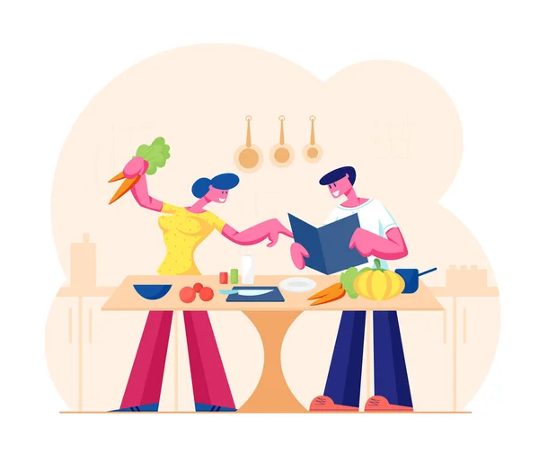Mladý milující pár spolu vaří v kuchyni. Rodina připravuje večeři s čerstvými produkty na stole. Každodenní rutina, láska, lidské vztahy, romantické večerní jídlo. Kreslený plochý vektor – ilustrace — Stockový vektor