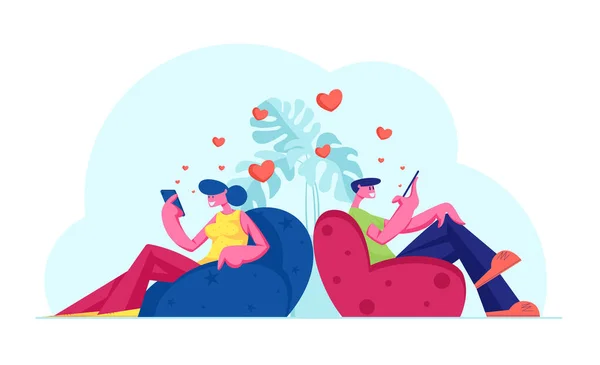 Jonge paar vrienden of geliefden Communiceren via smartphones, Man en vrouw met behulp van gadget voor chatten, sms 'en elkaar via internet, Social Media Networking Cartoon Flat Vector Illustratie — Stockvector